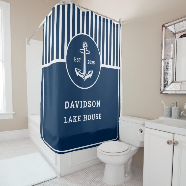 Personalized Nautical Navy Blue Welcome with Ancho Shower Curtain (In Situ)
