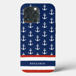 Personalized Nautical Navy Blue White Anchor iPhone 13 Pro Case