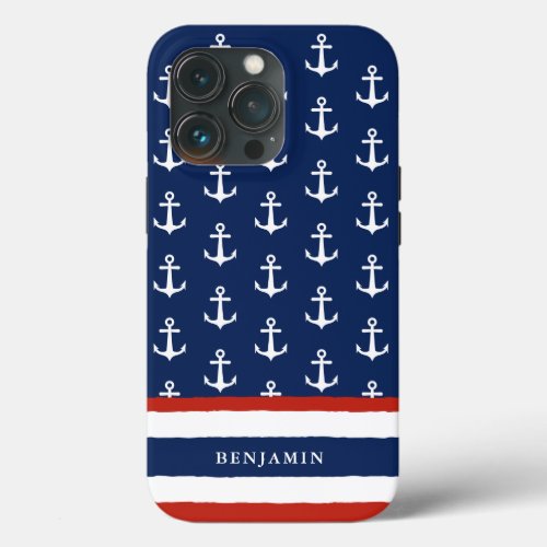 Personalized Nautical Navy Blue White Anchor iPhone 13 Pro Case