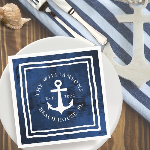 Personalized Nautical Navy Blue White Anchor Napkins
