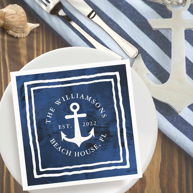 Personalized Nautical Navy Blue White Anchor Napkins (Creator Uploaded)