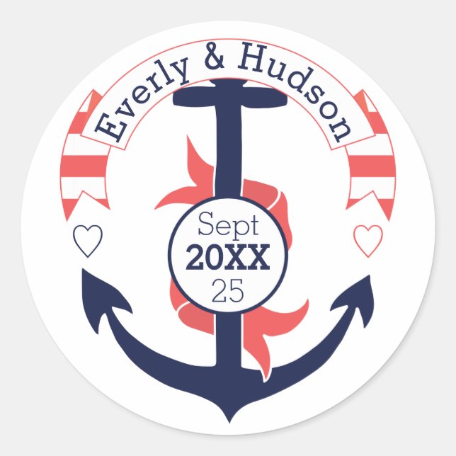 Personalized Nautical Navy Coral Wedding Anchor Classic Round Sticker (Front)
