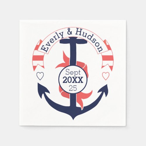 Personalized Nautical Navy Coral Wedding Anchor Napkins