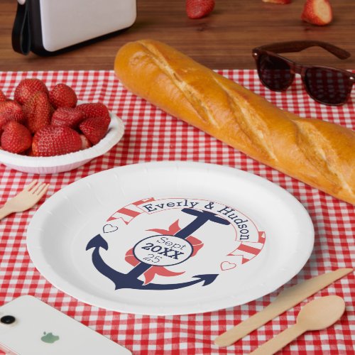 Personalized Nautical Navy Coral Wedding Anchor Paper Plates