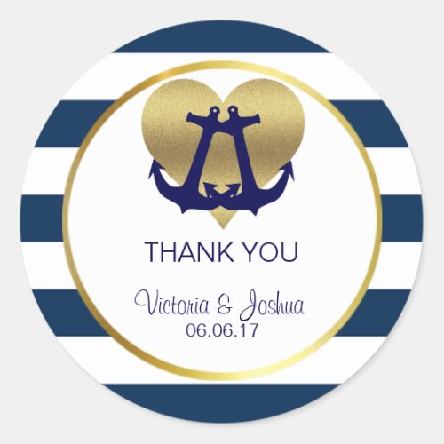 Personalized Nautical Navy Gold Heart Wedding Classic Round Sticker