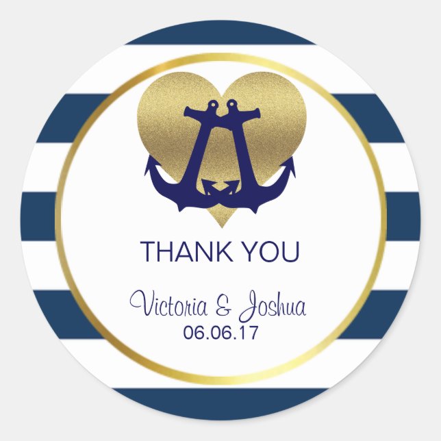 Personalized Nautical Navy Gold Heart Wedding Classic Round Sticker (Front)