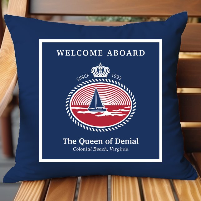 Personalized Nautical Navy Sailboat Boat Name Throw Pillow (Creator Uploaded)