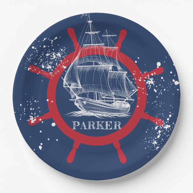 Personalized Nautical Party Sailboat Blue Paper Plates (Front)