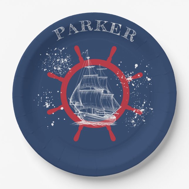 Personalized Nautical Party Sailboat Blue Paper Plates (Front)