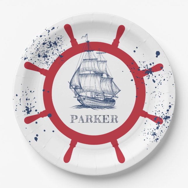 Personalized Nautical Party Sailboat Paper Plates (Front)