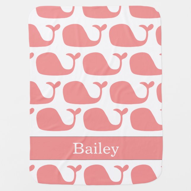 Personalized Nautical Pink Whales Baby Blanket (Front)
