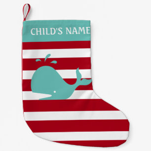 Personalized Nautical Red Striped Mint Whale Kids Small Christmas Stocking