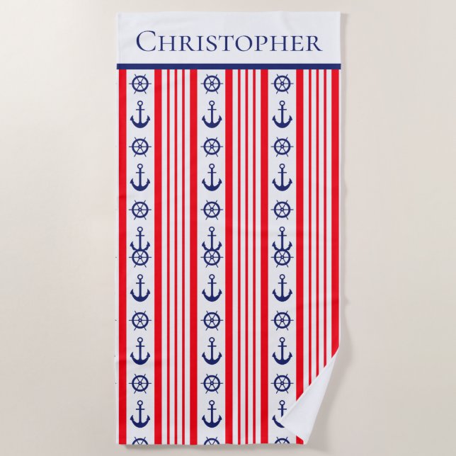 Personalized Nautical Red White Blue Anchors Ships Beach Towel (Front)