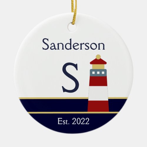 Personalized Nautical Red White Blue Lighthouse Ceramic Ornament