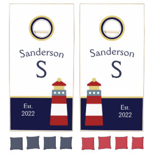 Personalized Nautical Red White Blue Lighthouse Cornhole Set