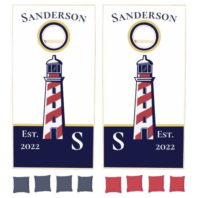 Personalized Nautical Red White Blue Lighthouse Cornhole Set (Set)