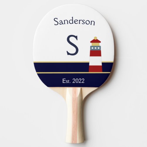 Personalized Nautical Red White Blue Lighthouse Ping Pong Paddle