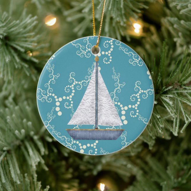 Personalized Nautical Sailboat and Swirling Water Ceramic Ornament (Tree)