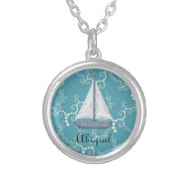 Personalized Nautical Sailboat and Swirling Water Silver Plated Necklace