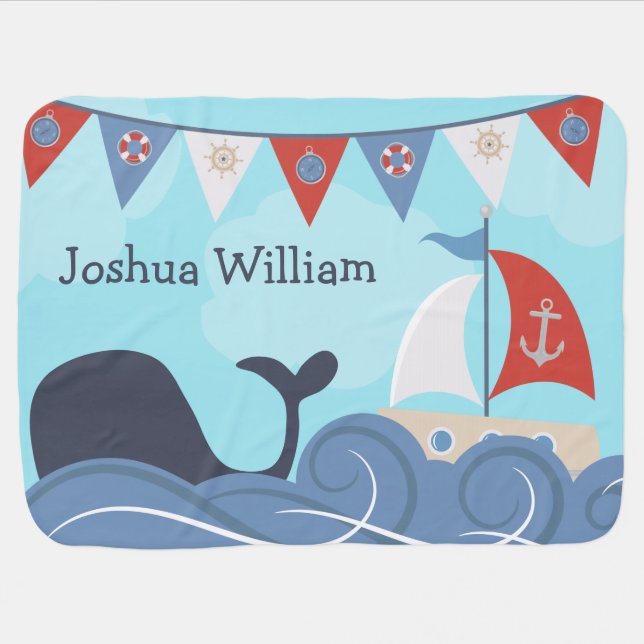 Personalized Nautical Sailboat Beach Ocean Whale Receiving Blanket (Horizontal)