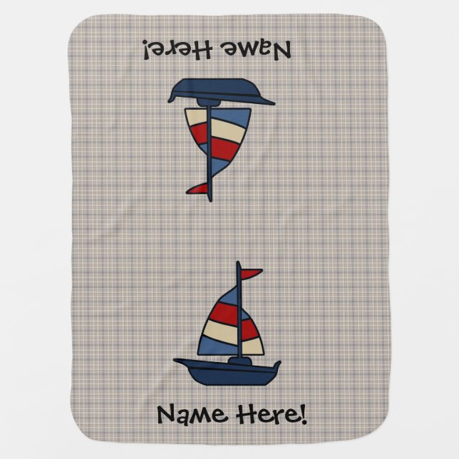 Personalized Nautical Sailboat Blue/Tan Boy's Baby Blanket (Front)
