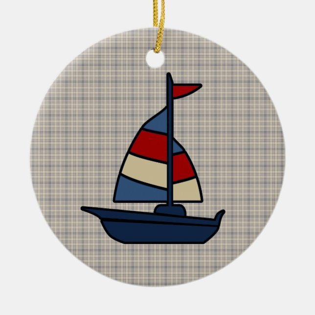 Personalized Nautical Sailboat Blue/Tan Boy's Ceramic Ornament (Front)