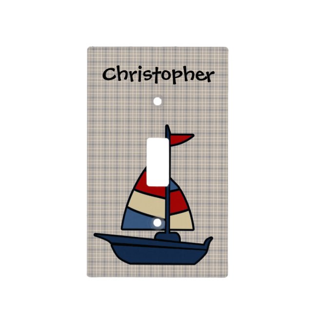Personalized Nautical Sailboat Blue/Tan Boy's Light Switch Cover (Front)