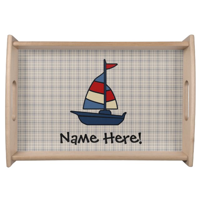 Personalized Nautical Sailboat Blue/Tan Boy's Serving Tray (Front)