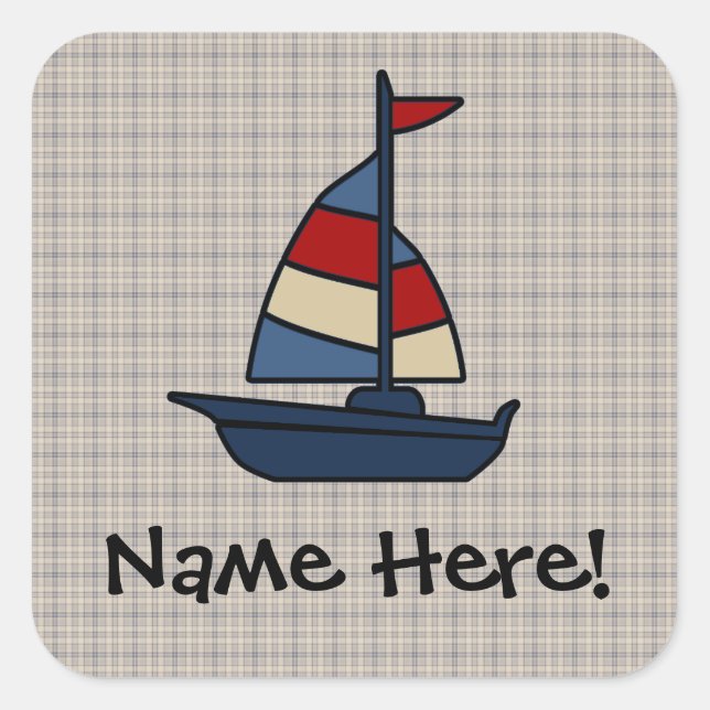 Personalized Nautical Sailboat Blue/Tan Boy's Square Sticker (Front)