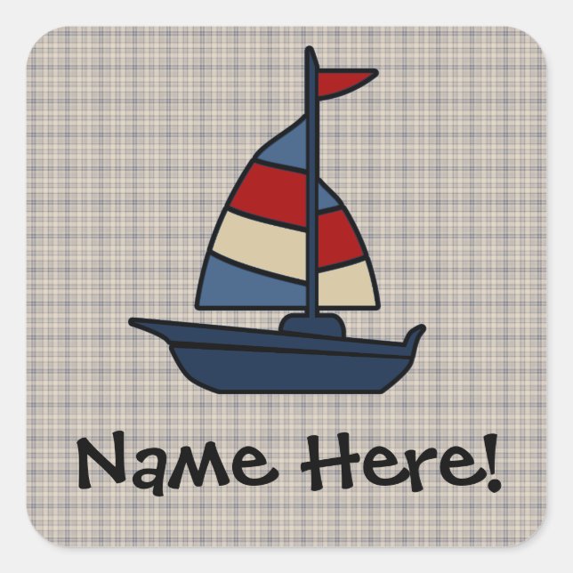 Personalized Nautical Sailboat Blue/Tan Boy's Square Sticker (Front)