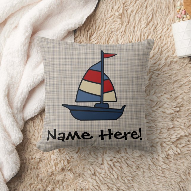 Personalized Nautical Sailboat Blue/Tan Boy's Throw Pillow (Blanket)