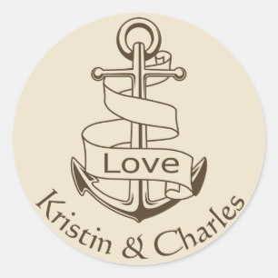 Personalized Nautical Ship Anchor Tan Wedding Love Classic Round Sticker