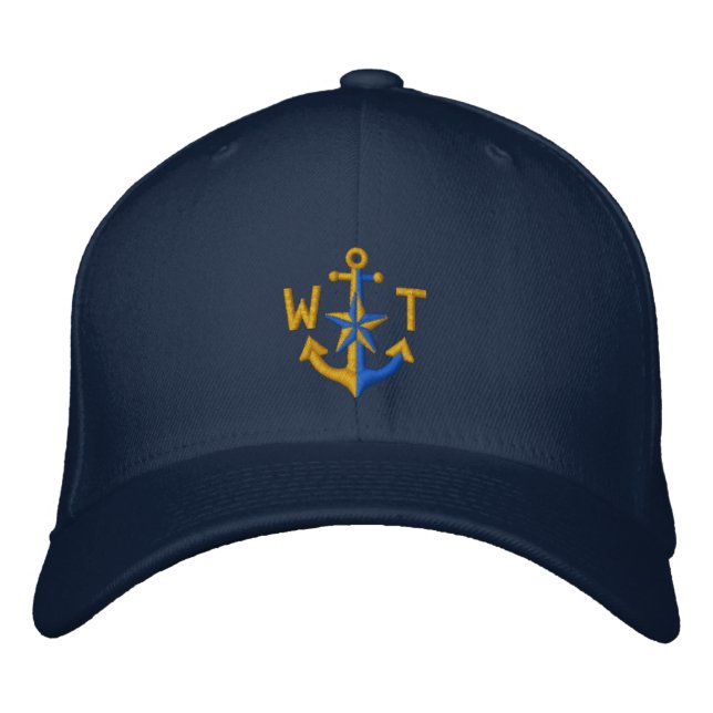 Personalized Nautical Star Golden Anchor Monogram Embroidered Baseball Cap (Front)
