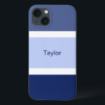 Personalized Nautical Stripes Blue and White iPhone 13 Case<br><div class="desc">You'll love this stylish nautical hued cell phone case with a blue and white stripe pattern. Multiple shades of large blue stripes plus small white stripes. Personalized with your name printed in a blue text.</div>