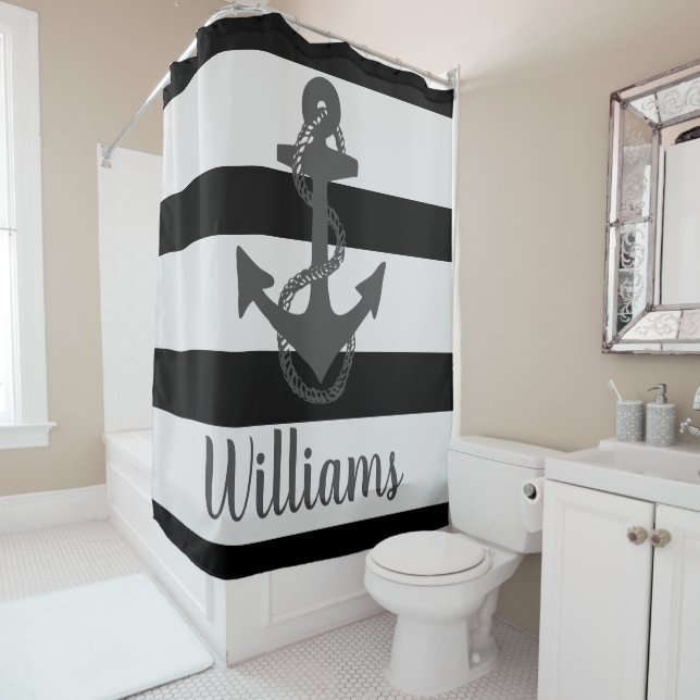Personalized nautical stripes with ANCHOR | Shower Curtain (In Situ)