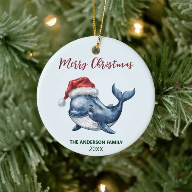 Personalized Nautical Whale in Santa Hat Christmas Ceramic Ornament (Tree)