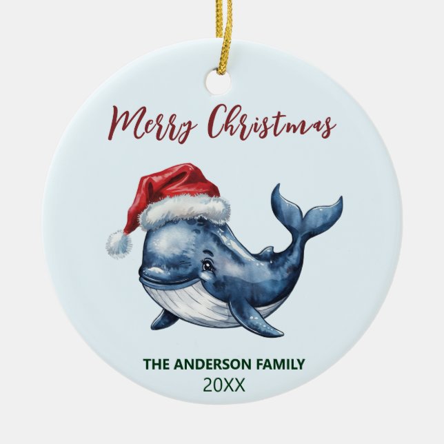 Personalized Nautical Whale in Santa Hat Christmas Ceramic Ornament (Front)