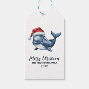 Personalized Nautical Whale in Santa Hat Christmas Gift Tags
