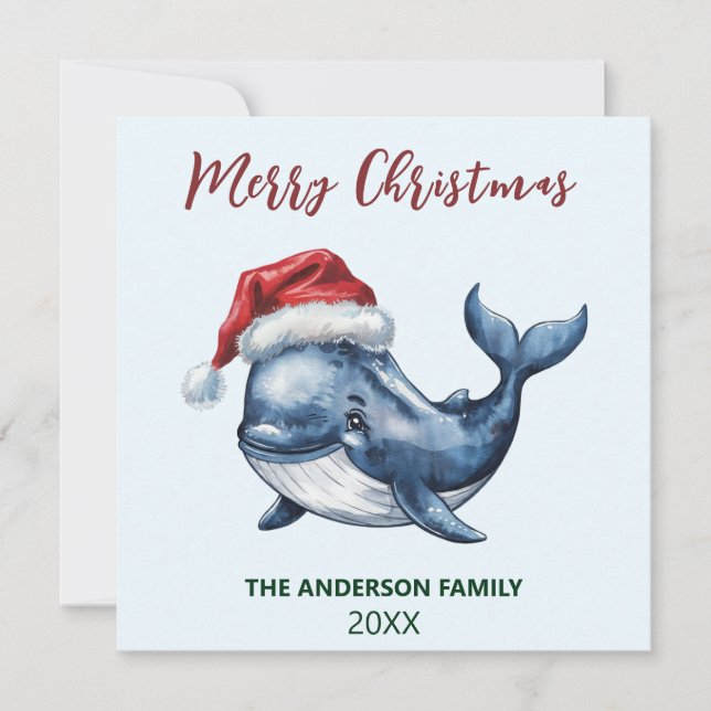 Personalized Nautical Whale in Santa Hat Christmas Holiday Card (Front)