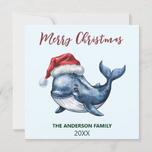 Personalized Nautical Whale in Santa Hat Christmas Holiday Card
