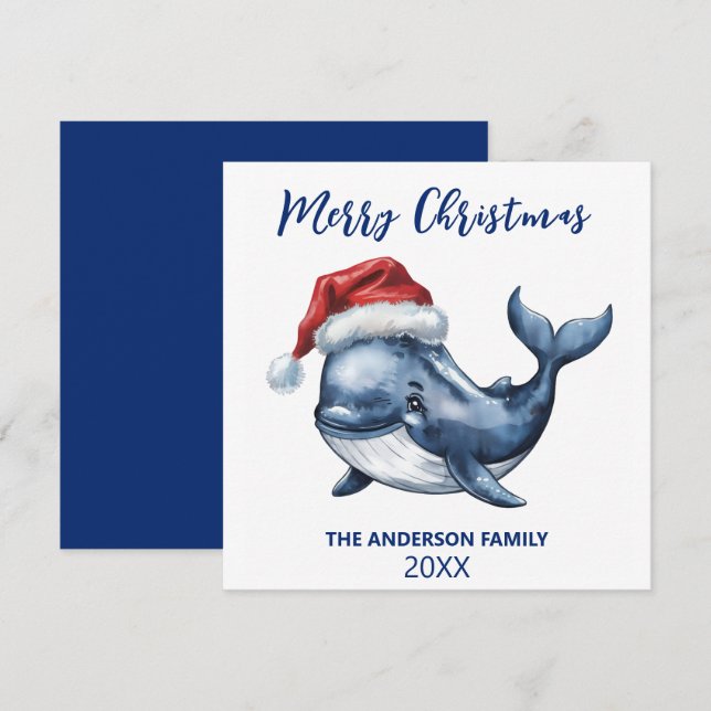 Personalized Nautical Whale in Santa Hat Christmas Holiday Card (Front/Back)