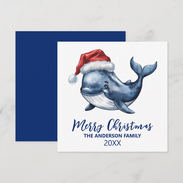 Personalized Nautical Whale in Santa Hat Christmas Holiday Card (Front/Back)