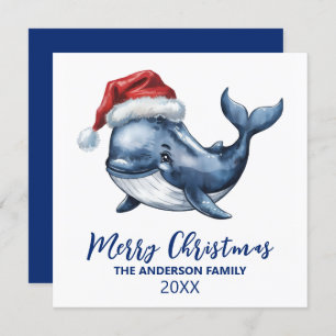 Personalized Nautical Whale in Santa Hat Christmas Holiday Card