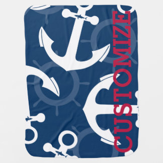 Personalized Nautical White & Blue Anchors Pattern Swaddle Blanket