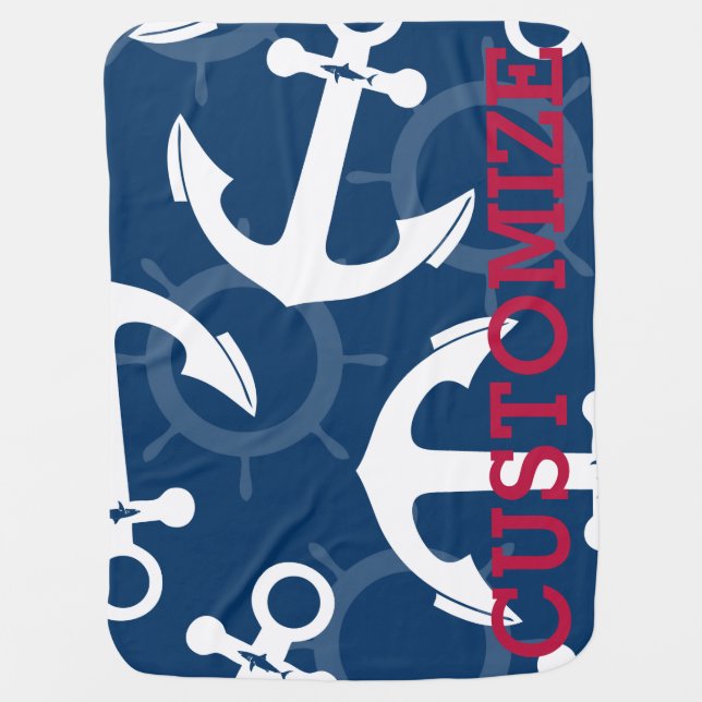 Personalized Nautical White & Blue Anchors Pattern Swaddle Blanket (Front)