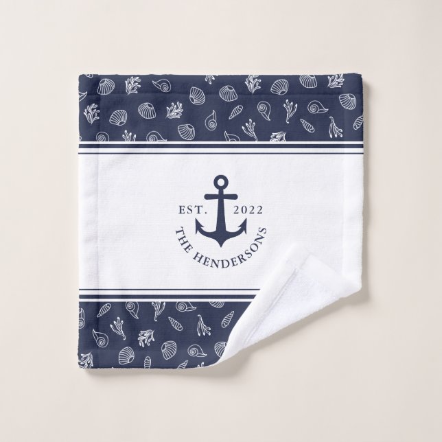 Personalized Nautical White Navy Blue Anchor Wash Cloth (Wash Cloth)