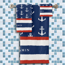 Personalized Nautical White Red Navy Blue Anchor Bath Towel Set