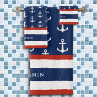 Personalized Nautical White Red Navy Blue Anchor