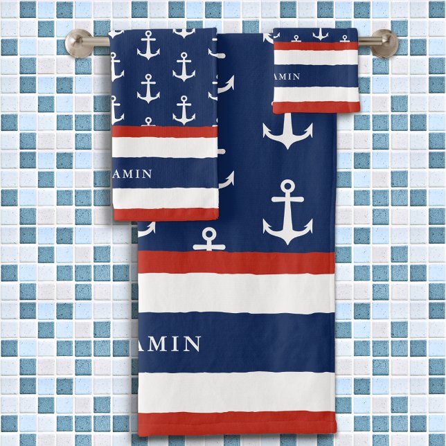 Personalized Nautical White Red Navy Blue Anchor Bath Towel Set (Creator Uploaded)