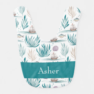 Personalized Nautical with Ships and Seashells Baby Bib